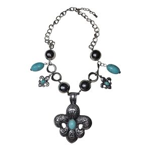 Turquoise and Silver Fleur-de-Lis Necklace